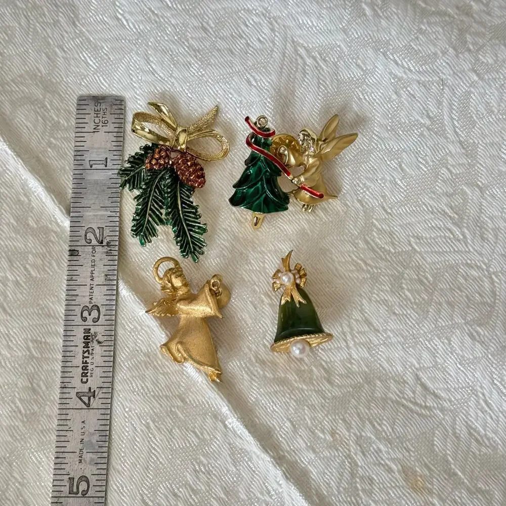 Lot of 4 Gold Enamel Christmas Brooches Pin Signed Vintage Jewelry Angels 1990s